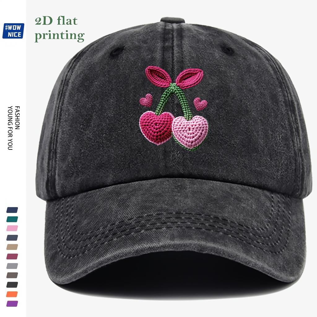 pc ThreeDimensional Flat IronOn Cherry Baseball Cap Crocheted PinkPurple Heart Cherries with Green Leaf Vines Accented wit