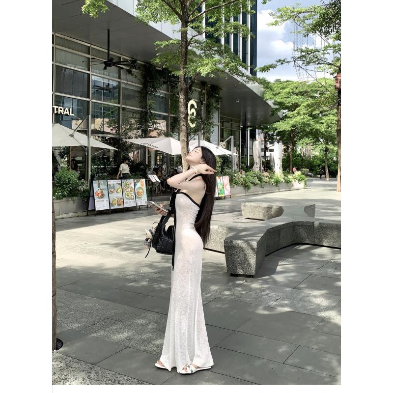 Sexy Pure Desire White Neck Sling Tube Top Dress Women's Summer Vacation Style Slim Fit Beautiful Hip Wrap Long Skirt