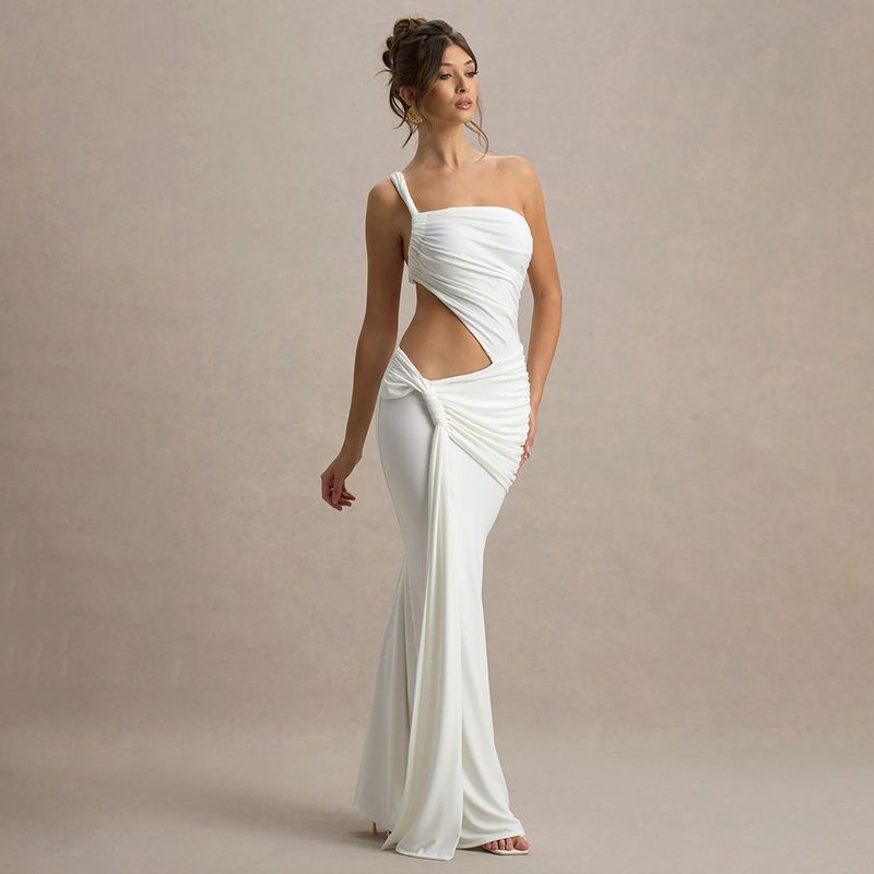 

Summer Sexy Generous One-Shoulder Backless Tube Top Dress Export New Arrival Pleated Irregularly Slimming Ribbon Dress White S