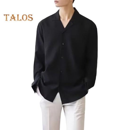 

Мужская рубашка с кубинским воротником, длинный рукав, на пуговицах, повседневная рубашка свободного кроя, однотонная рубашка для работы, вечеринок, свиданий XL чёрный