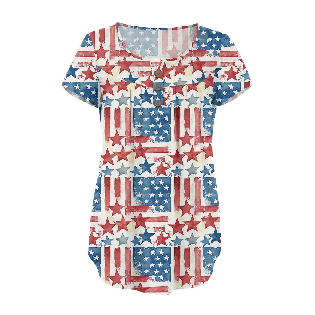 Women Tunic Tops Dressy Casual Summer Short Sleeve Shirts Loose Fit Pleated Boho Top Independence Day