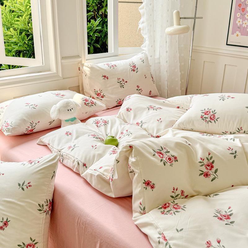 Fresh Literary Style Glutinous Cotton Bedding Set - Four-Piece Set for Dormitory or Home
