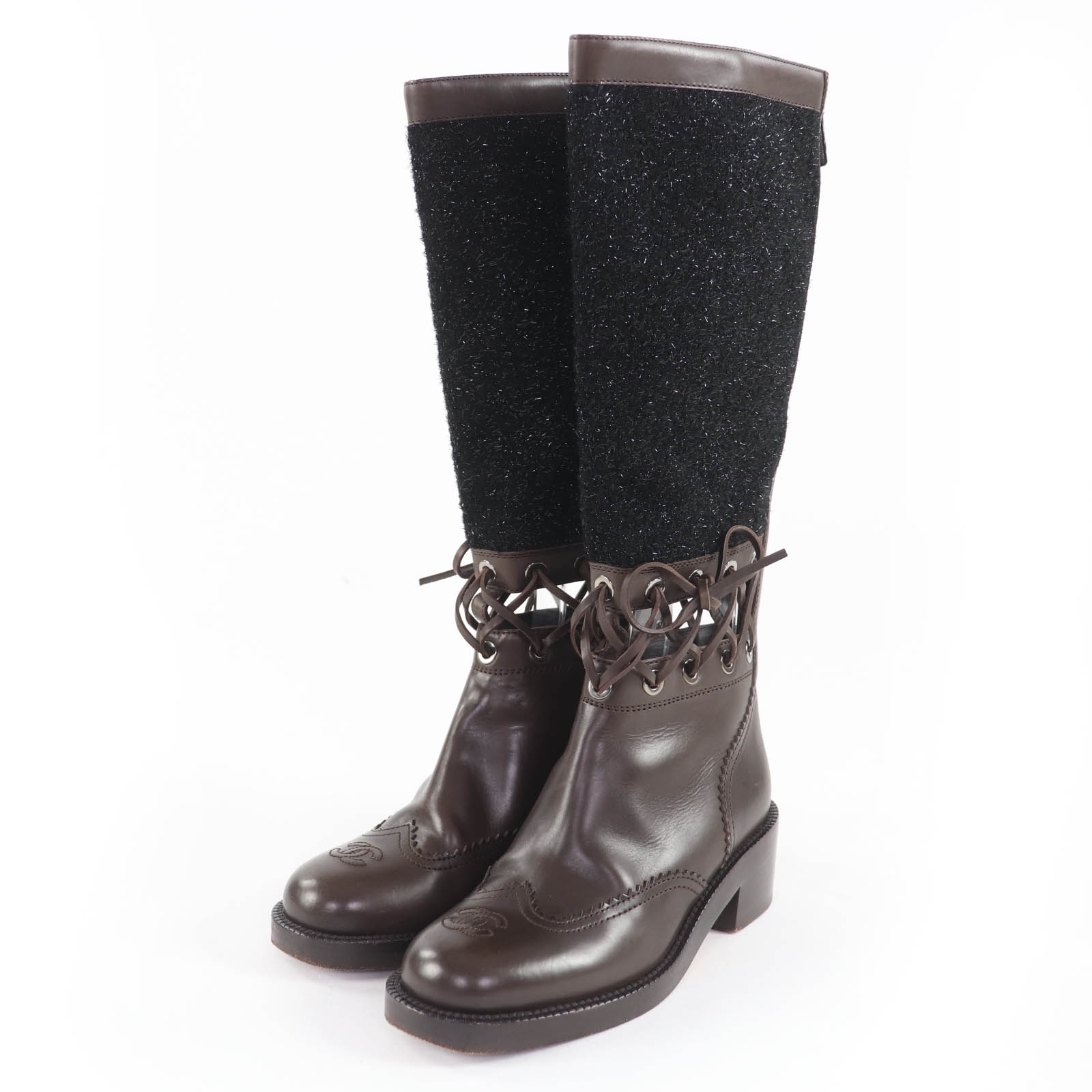 

Great CHANEL Knee-high boots COCO Mark leather switching design Brown 36 G32251 Used