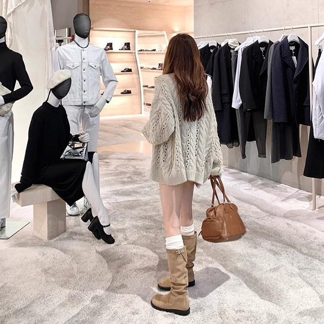 Cowhide~ Grape Mom Korean Pleated Buckle Belt Thick Heel Stack Knight Boots Medium Tube Thin Long Boots Genuine Leather Women's Short Boots