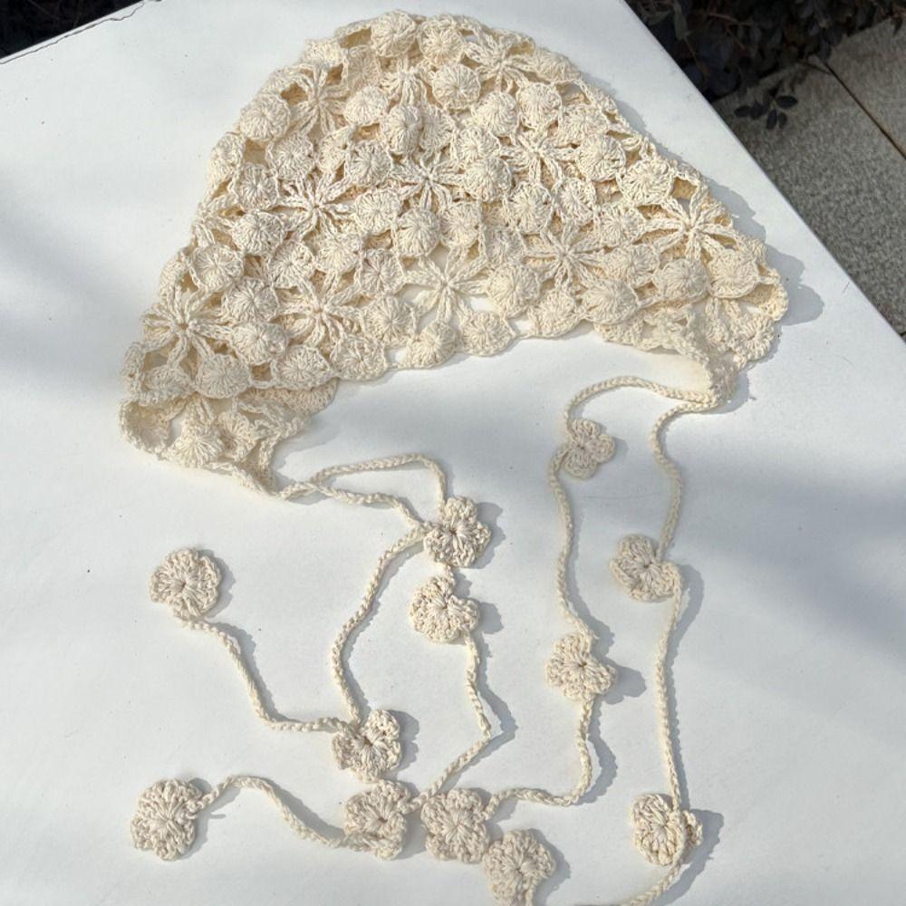 Sweet Tassel Hollowed Out Knitted Hat Elegant Floral Crochet Flower Hat Thin Korean Bohemian Style Beanies Outdoor