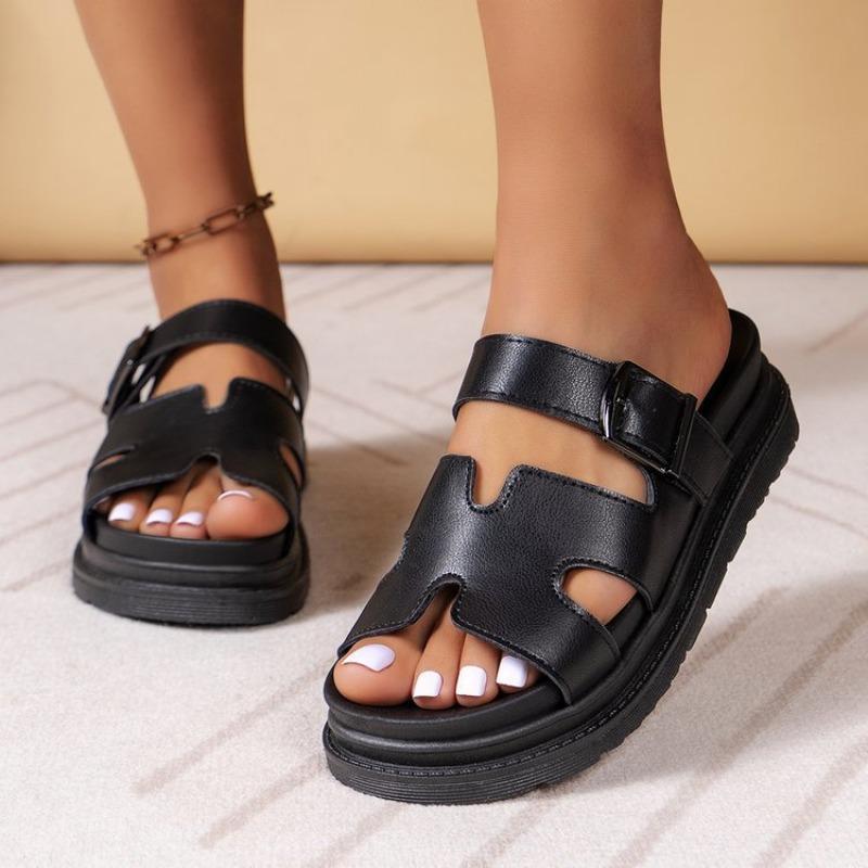 Nuevas Pantuflas de Mujer Tallas Grandes 2026 Una Tira Hebilla Color Sólido Sandalias de Deslizamiento Casuales