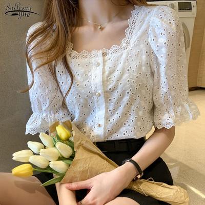 Letní Bílá Bavlněná Krajka Košile Ženy Čtvercový límeček Topy s krátkým rukávem Košile Ženy Vyhloubené Vintage Elegantní halenka Blusas