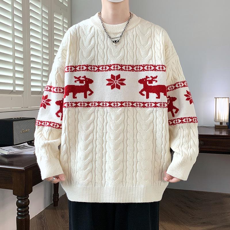 

«Новый жаккардовый свитер с изображением лося 2024 года: Утолщенный повседневный вязаный свитер на осень/зиму. M грязно-белый