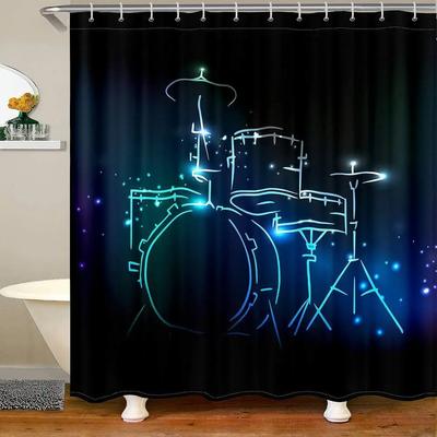 Blu-ray Drum Kit Decorative Home Bathroom Shower Curtain Black Bathroom Decoration Hook Waterproof, 180x180cm
