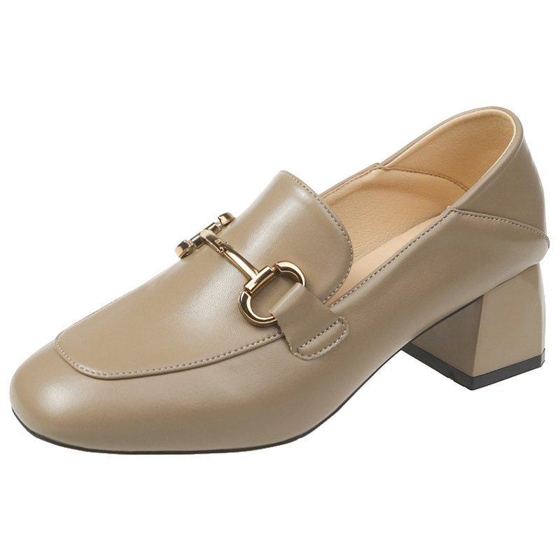 Elegant Womens High Heels with Metal Buckle Loafers Comfortable PU Mid-heel Womens Loafers Casual British Style Oxford Shoes