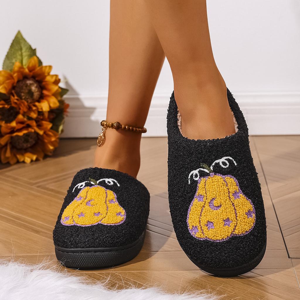 Mode Gemütliche Halloween Kürbis Hausschuhe Damen Weiche Plüsch Rutschfeste Indoor Baumwoll-Sandalen Frau Warm halten Bequeme Winter Hauspantoffeln