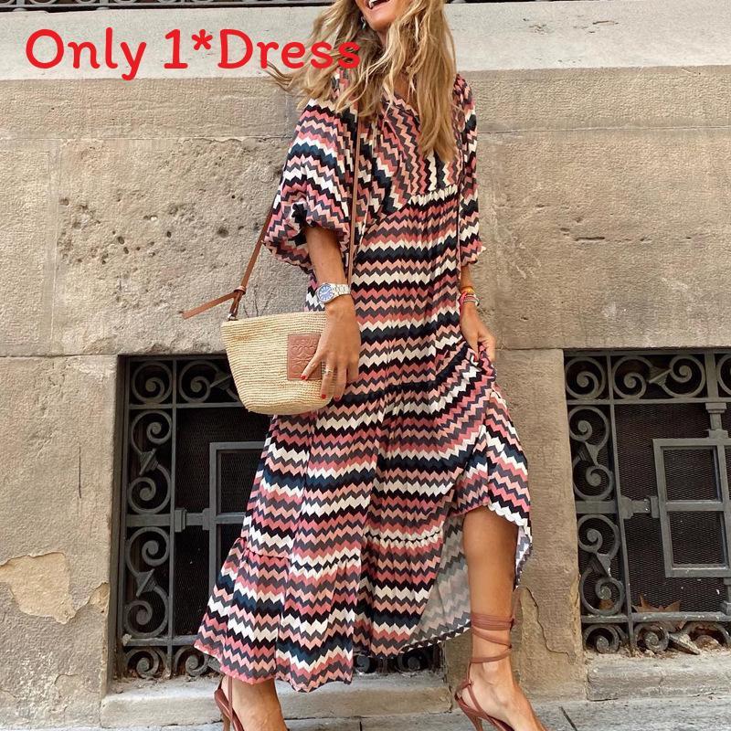 Bohemian Style Printed Lantern Sleeve Loose Maxi Dress For Casual Travel Women
