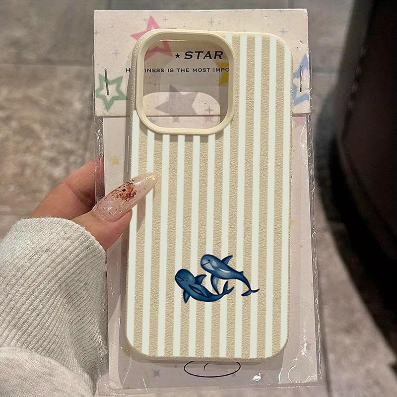 Whale Stripes Pattern Lychee Texture Silicone Phone Case For iPhone 17 Pro Max 11 12 13 14 15 16 Pro 15 Plus 17 Air Soft Cover