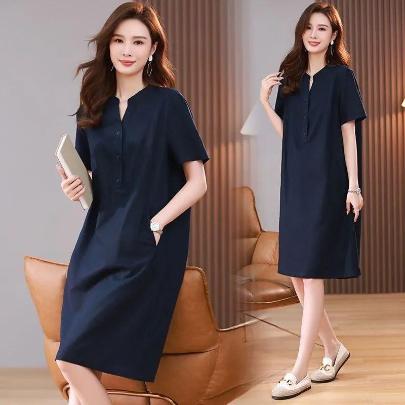 Women Summer Linen Cotton Dress V Neck Half Button Short Sleeve Midi Dress Loose Plus Size Elegant Mother Dress Casual Pocket Dresses
