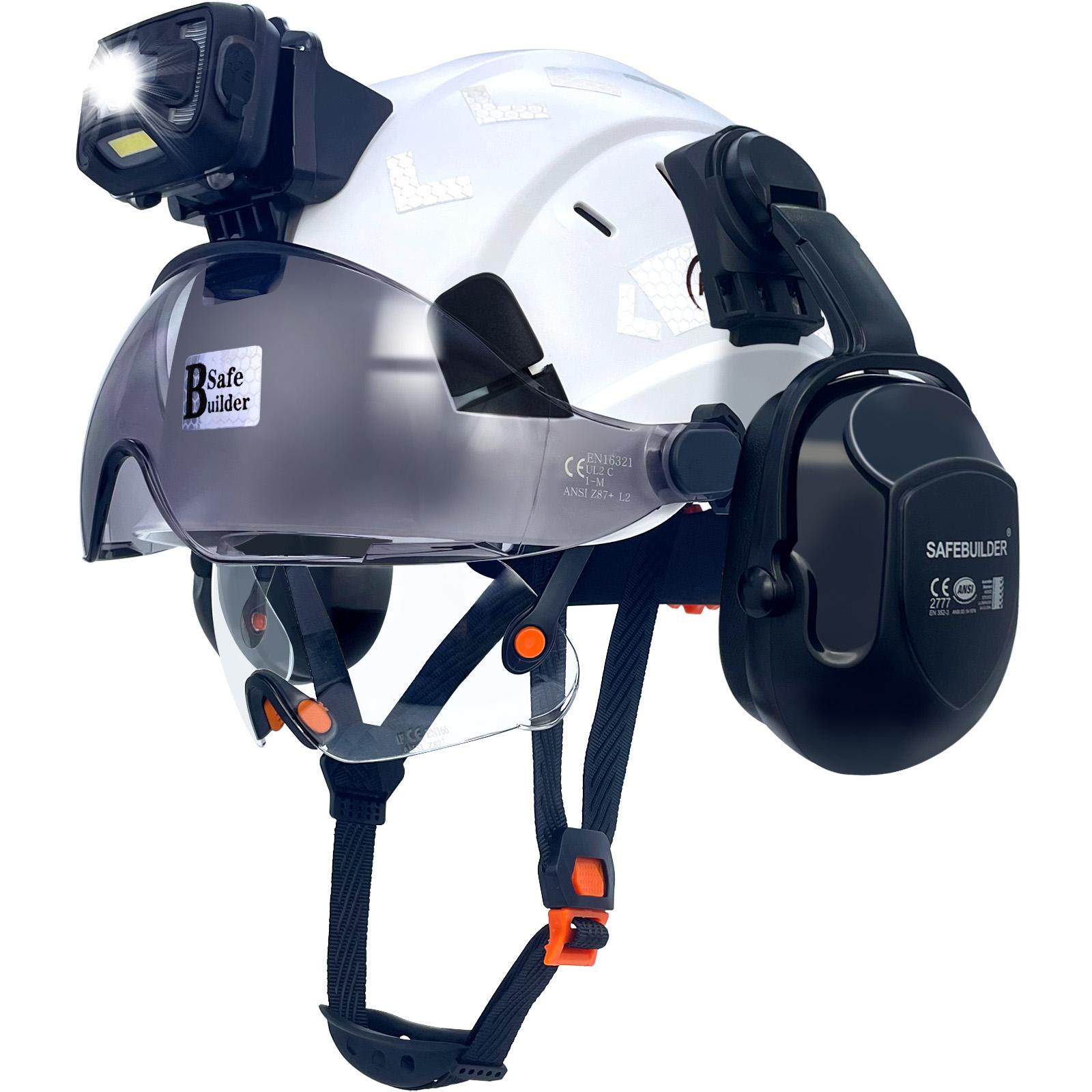 Safety Helmet with Visor Build In Headlight Ear Muffs,Safety Hard Hats with Rechargeable Headlamp for Men Work Industrial White CSV07E SHL01