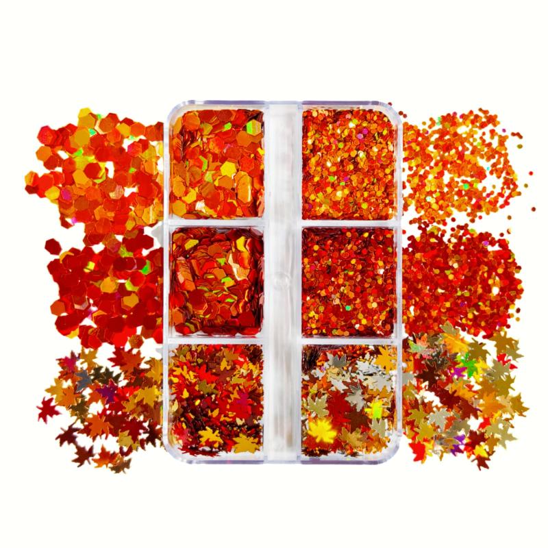 1 Set Shiny Mix Laser Nail Flakes 3D Leaf Nail Decoration 6 Grids Holographic Red Leaves Nail Glitter Sequins
