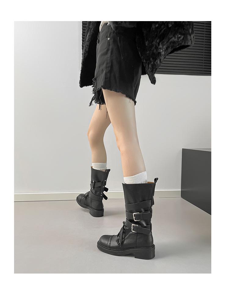 2025 Autumn/Winter Women's Retro British Mid-Calf Lace-Up Belt Buckle Martin Boots - Thick Sole, Height Increasing Western Style