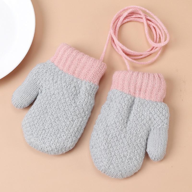Children's Winter Plus Velvet Gloves Small Children's Bag Finger Halter Neck Yarn Warm Knitted Gloves Baby Solid Color Simple Gloves