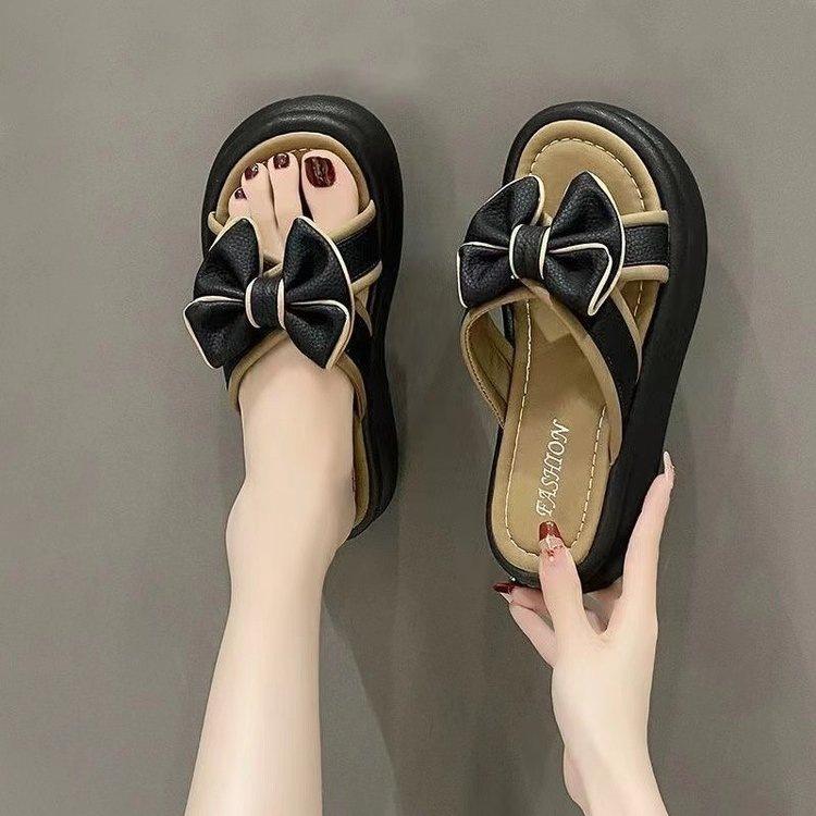 Thick-soled slippers women's summer outer wear 2025 new fashionable versatile bow non-slip high-end sense one-word sandals women