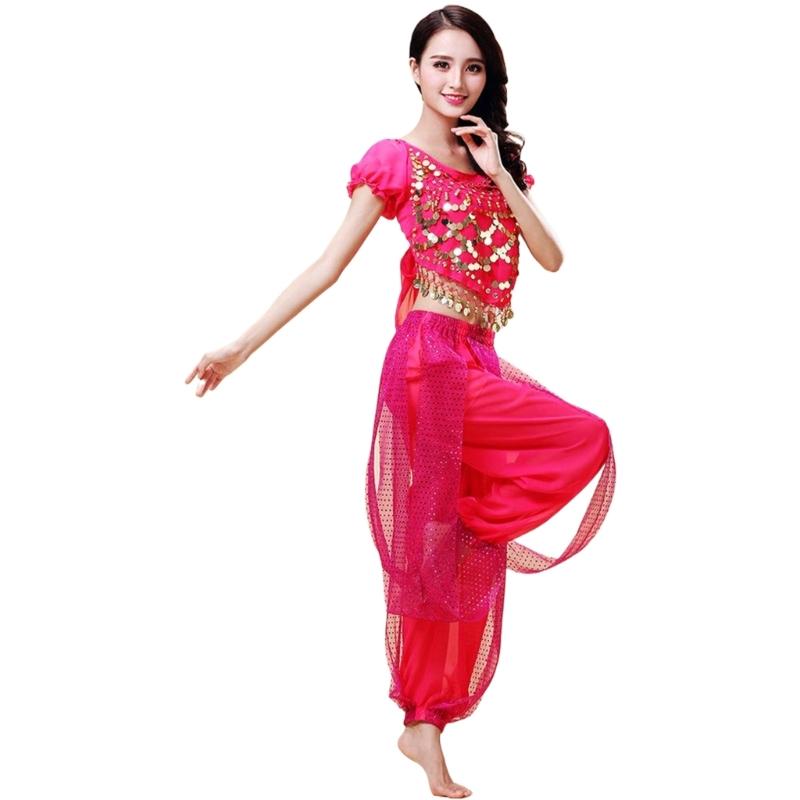 2Pieces Belly Dance Costume Set Coins Top Lantern Pants Set Halloween Costume Belly Dance Outfits for Dress Up Party