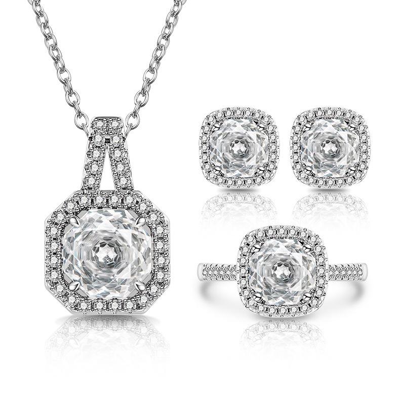 925 Sterling Silver Crystal Zircon Rose Cut Princess Square Bag Ring Earrings Pendant Necklace Set Birthday Anniversary Gift белый