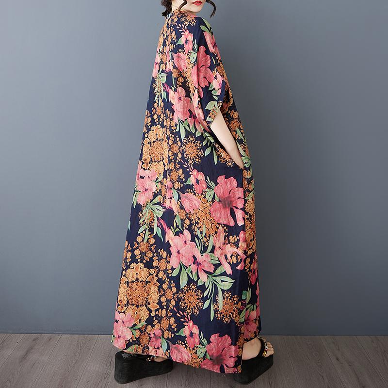 DIMANAF 2025 Sommar Plus Size Klänning Dam Vardagsklänning Lös Basic Blommig Lång Maxi Vintage Linneklänning