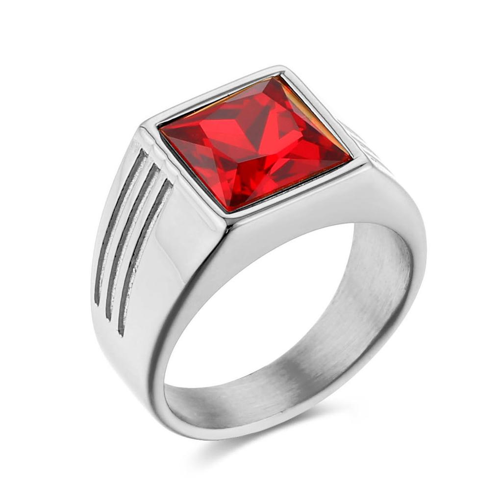 Modischer Trendring mit rotem Edelstein, Titanstahl, Stilvoller Statement-Schmuck