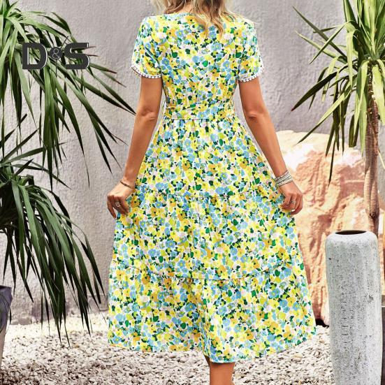 Women Summer Dress Flower Print A Line Loose Hem Patchwork Short Sleeves Irregular Short Sleeve Split Hem Lace Up High Waist Lady Midi Dress