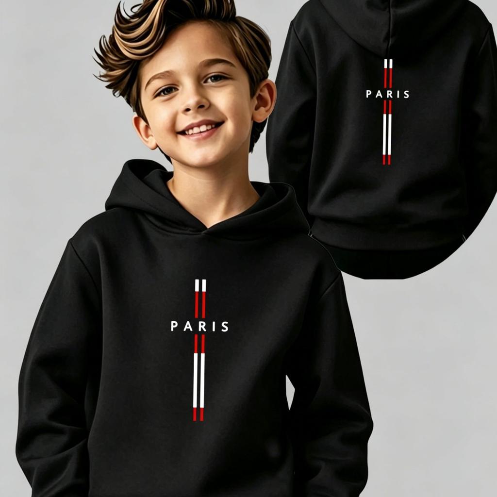 Boys' Hoodie, Kids' Hoodie with Paris Letter Prints on Both Front and Back, Versatile Casual Long-