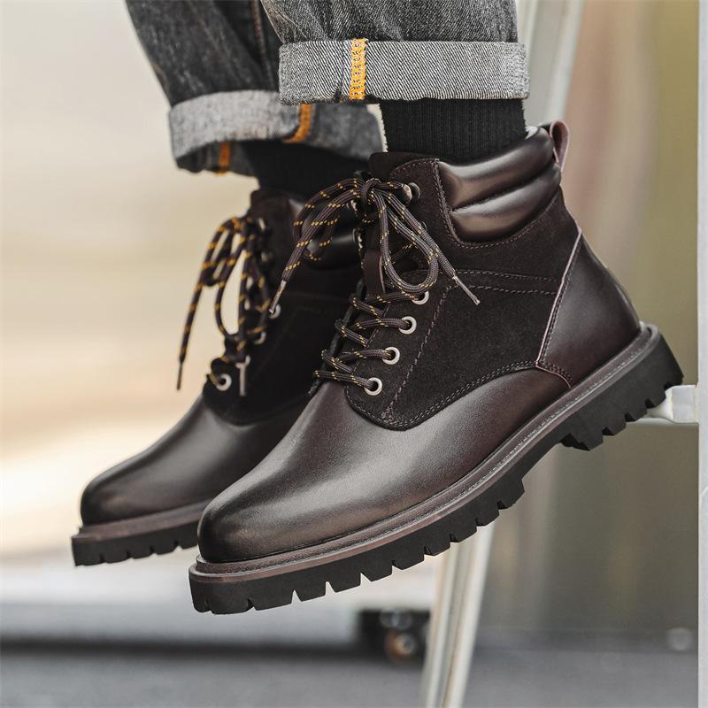 

Модные мужские повседневные ботинки в английском стиле, черные, коричневые, оригинальные кожаные ботинки, ковбойские рабочие ботинки, классные ботинки на платформе до щиколотки 265 коричневый