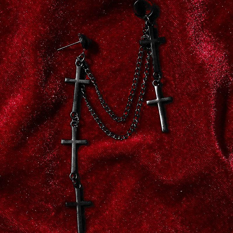 Punk Black Cross Long Tassel Earrings Gothic Double Layer Chain Cuff Earrings For Women Party Jewelry