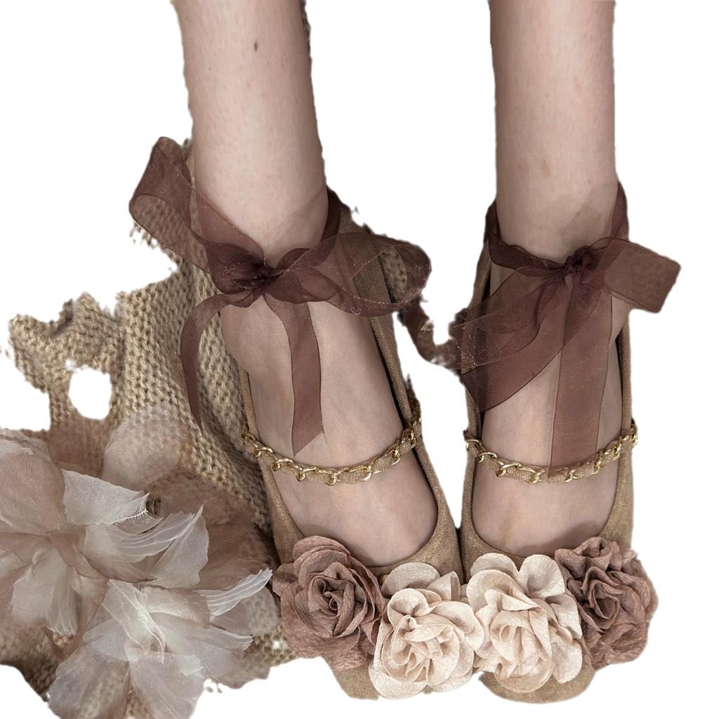 Zen Wabi Silent Wind Square Head Mary Jane Shoes Women's Suede Soft Flat Bottom One Pedal French Evening Wind Single Shoes Dead Leaf Butterfly