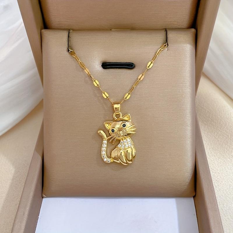Elegant Golden-Tone Cat Pendant Necklace - Chic Stainless Steel Jewelry for Teenager, Perfect Birthday Gift for Family & Friends, Fashionable Accessor
