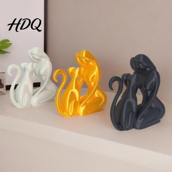 Smooth Texture Cat Statue 3D Printed Sculpture Woman And Shape Matte Finish