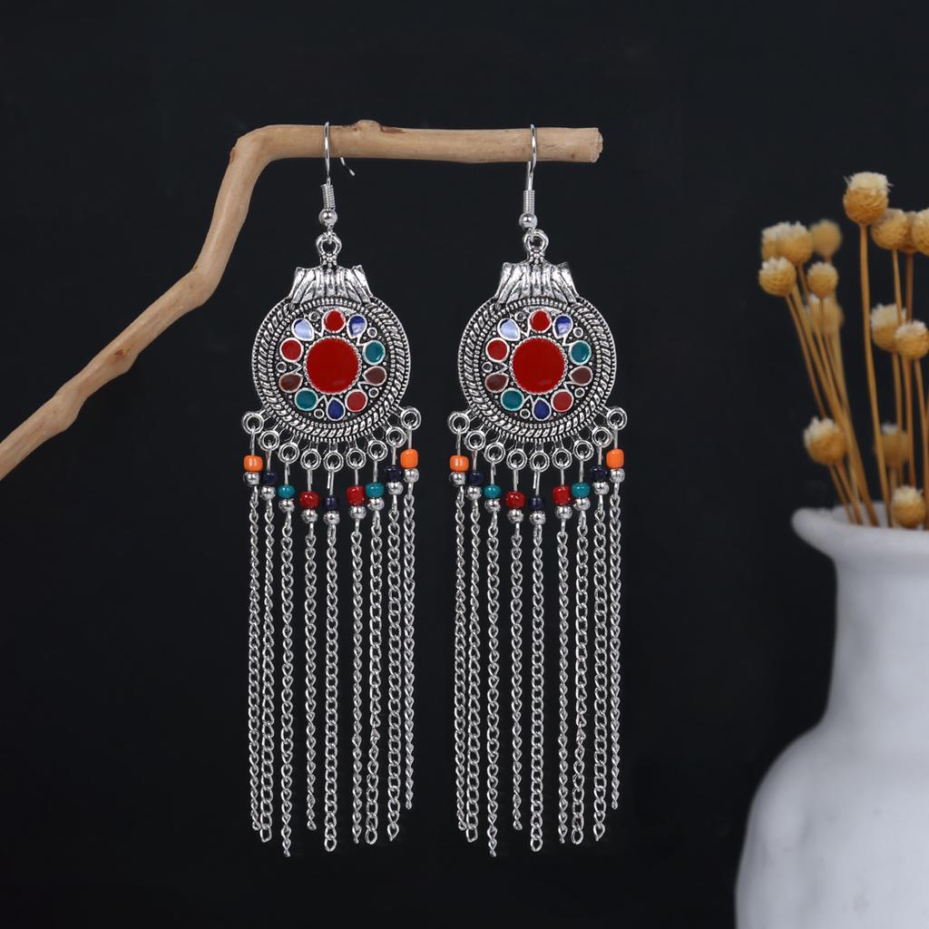 Bohemian Ethnic Style Oval Earrings, Retro Tourist Attractions Ethnic Minority Fringed Beaded Earrings