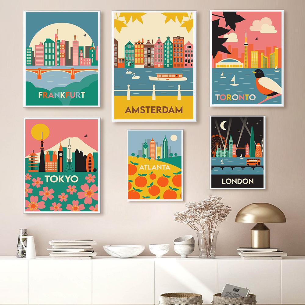 Famous City Abstract Landscape Wall Art Poster Print London Sydney Tokyo Atlanta Canvas Picture Living Bed Room Mural Home Deocr