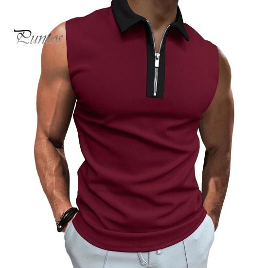 

Мужская летняя рубашка с отложным воротником на молнии без рукавов, сплошной цвет, накладной карман, дышащий пуловер, облегающий повседневный пуловер средней длины M
