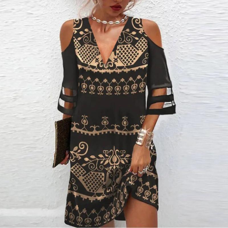 QICED Women's Fashion Summer Spring Solid Color Print 1/2 Sleeves V-Neck High Waist Casual Dresses