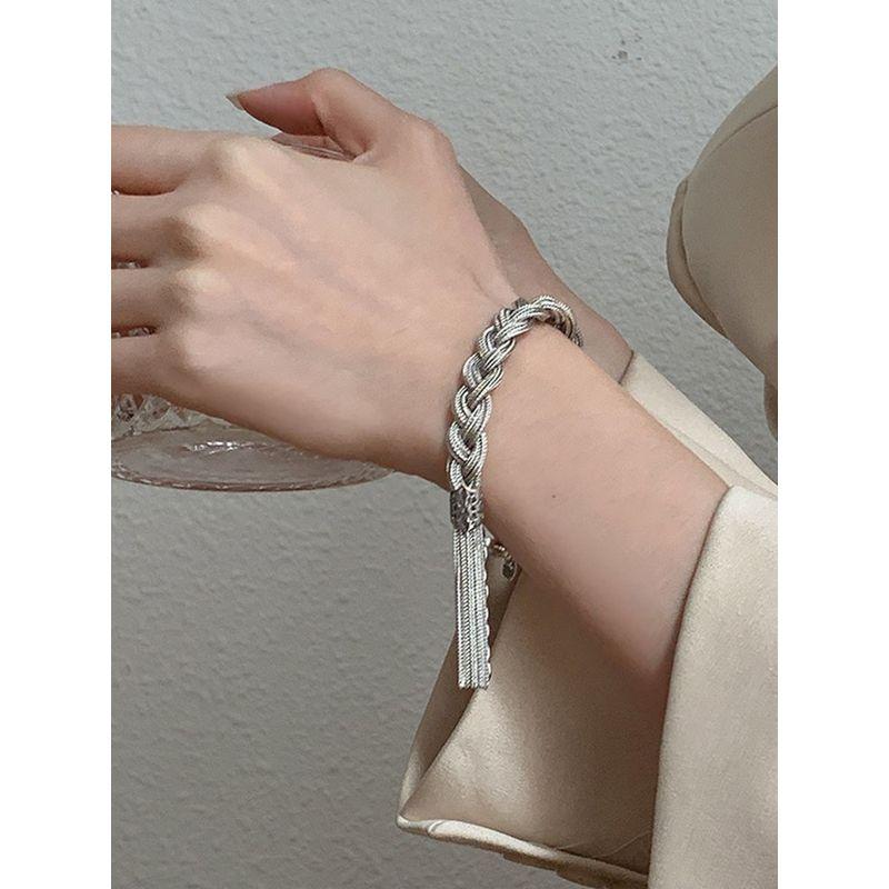 S925 Silver Cable Stitch Bracelet for Women 2025 New Arrival Special-Interest Design Mild Luxury Retro Ethnic Style Woven Tassel Carrying Strap