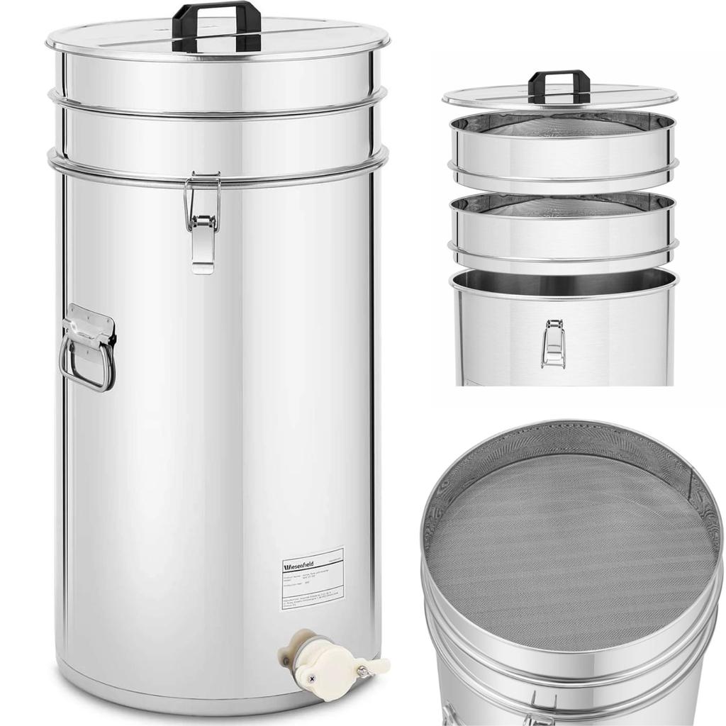 Steel honey separator with strainer, lid and valve, 100 l