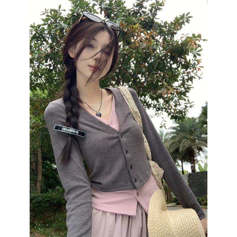 Kumikumi Design Temperament Fake Two Pieces Long Sleeve Knit Women Autumn High Waist Slimming Skirt Two-piece Set