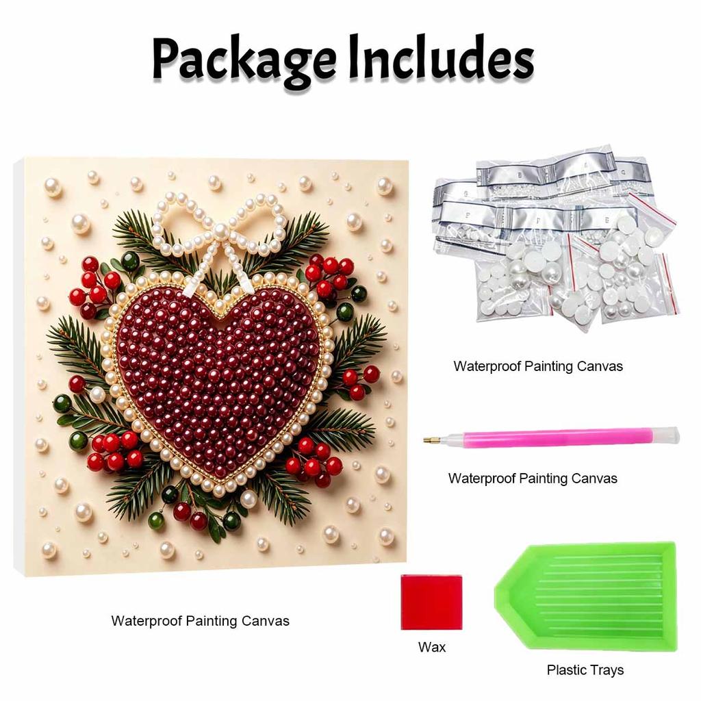 Premium Framed Pearl Art Kit with Christmas Heart Pattern 5D Sparkling Bead Canvas DIY Relaxing Craft for Home Wall Decor Gift Decoration Holiday