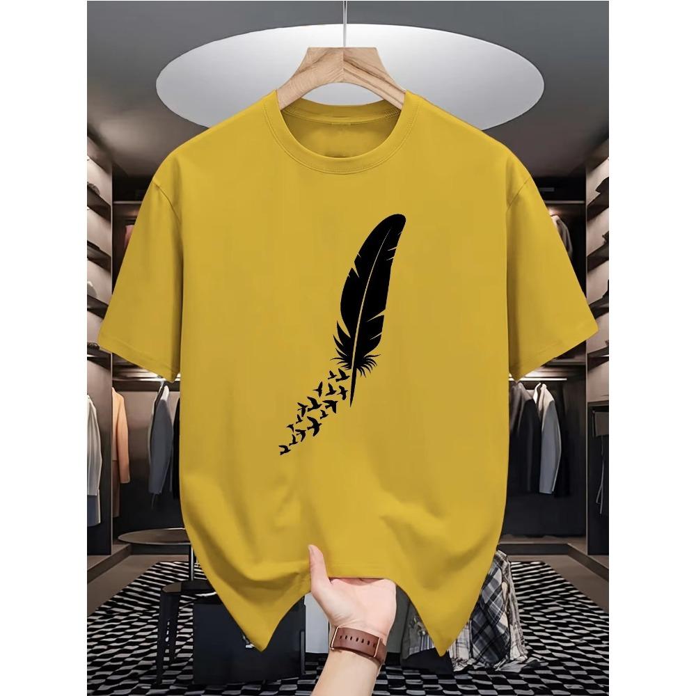 Herren Sommer Baumwolle Mode Feder Muster Gedruckt Lässig Locker Sport Rundhals Kurzarm T-Shirt Top