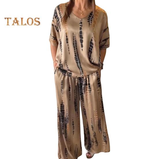 

Женский комплект из двух предметов больших размеров, летний повседневный топ с круглым вырезом и короткими рукавами, широкие брюки, свободный наряд на весну, лето и осень 2XL хаки