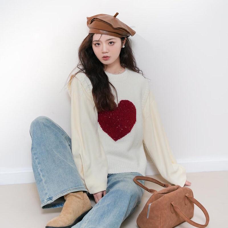 IMAGINEX Women's Mesh Panel Heart Long-Sleeve Knit Sweater