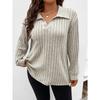 Autumn Winter New Solid Color Plus Size Women's Top V Lapel Long Sleeve Ribbed Brushed T-shirt Loose Casual