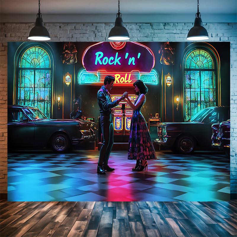 1pc Retro Date Neon Canvas - A Vibrant 80s Party Decoration with a "rock" Logo Background Cloth