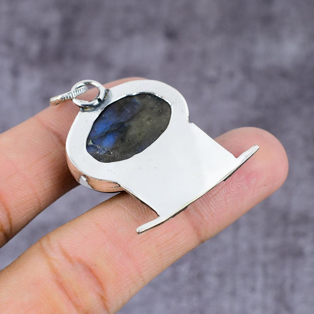 Natural Labradorite, Blue Topaz Gemstone 925 Sterling Silver Pendant 2.27" ET-1498