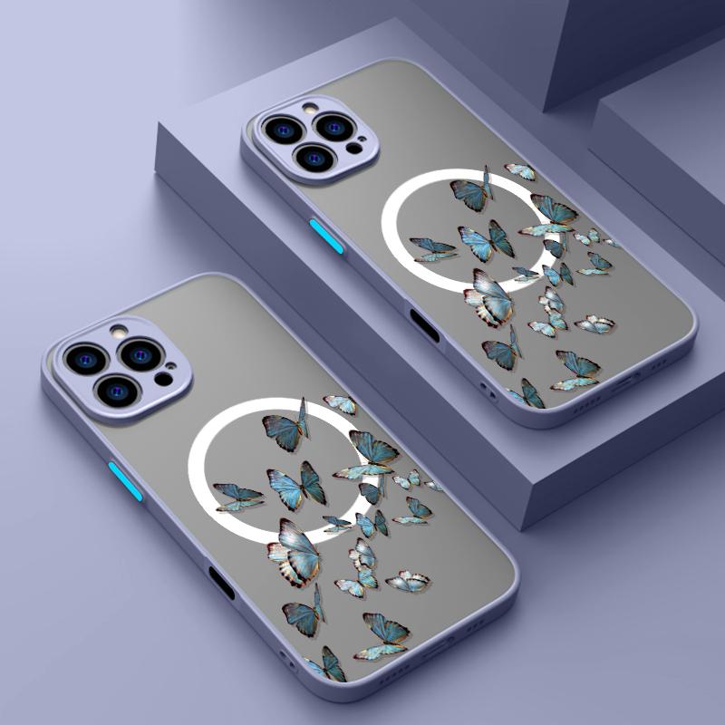 

Модный синий чехол с принтом бабочек, прозрачный матовый чехол MagSafe для iPhone 16, 15, Pro, Max, 14, Pro, 13, 12, 11, 8, 7, противоударный, мягкий, тонкий, магнитный чехол для телефона iPhone 16 чёрный