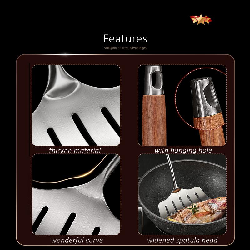 LFGB Certification 304 Stainless Steel Cooking Spatula Solid Wood Handle and Leakage Design Fish Turner Family Stiring Shovel